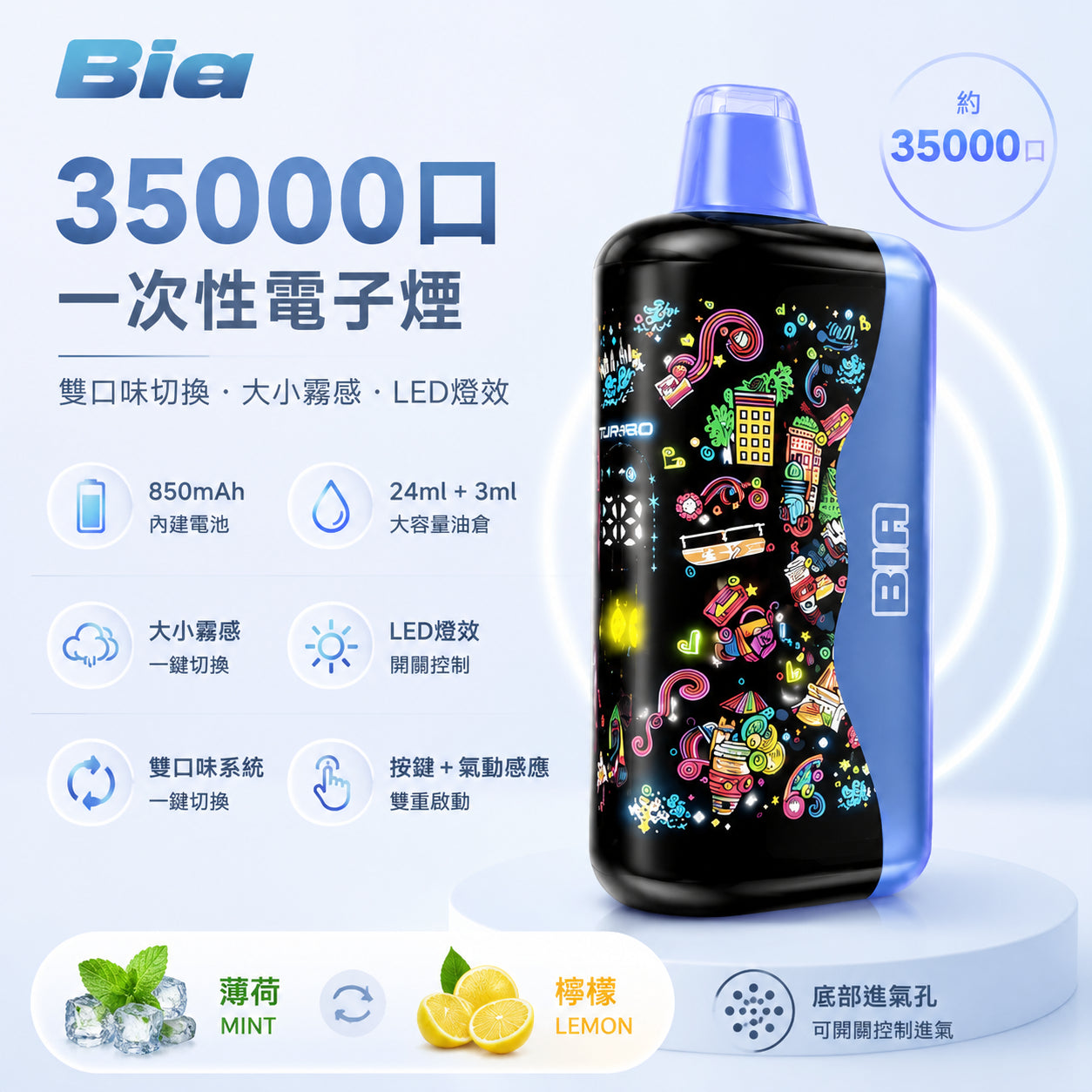 BIA 35000 Puffs 拋棄式電子煙｜韓國熱銷款｜35000口超長續航｜雙風味切換｜大小霧感調節-VAKA糖果雲煙館