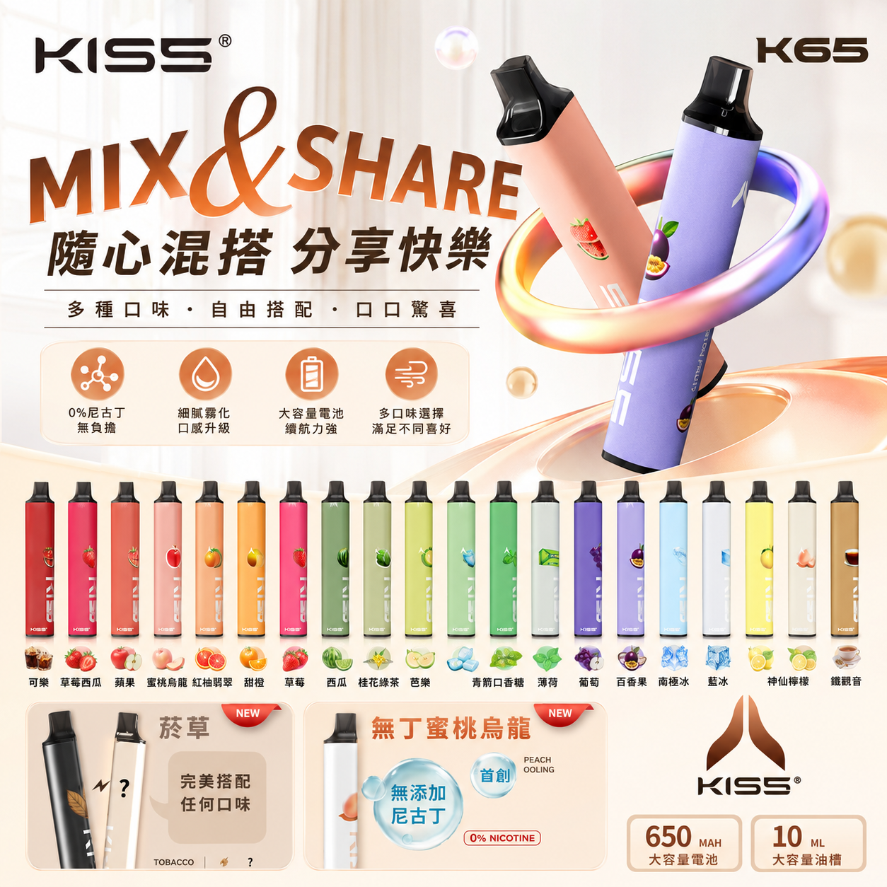 KISS 6500口拋棄式電子煙｜KIS5 凱斯 MIX&SHARE混搭口味｜13ML大容量煙油｜Type-C充電｜陶瓷霧化芯-VAKA糖果雲煙館