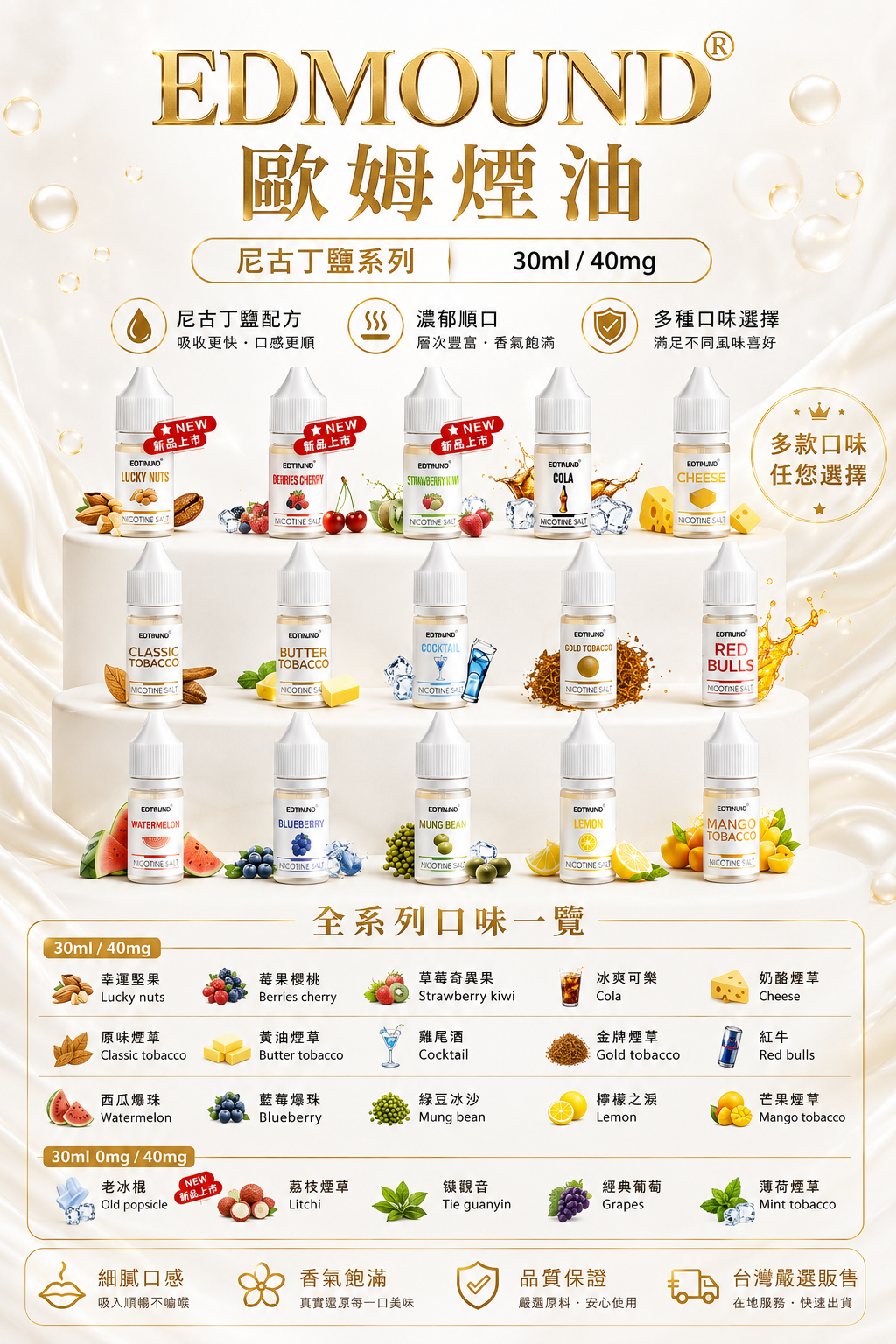 EDMOUND 歐姆煙油 30ML 40MG｜鹽尼古丁電子煙油 多口味小煙油推薦-VAKA糖果雲煙館